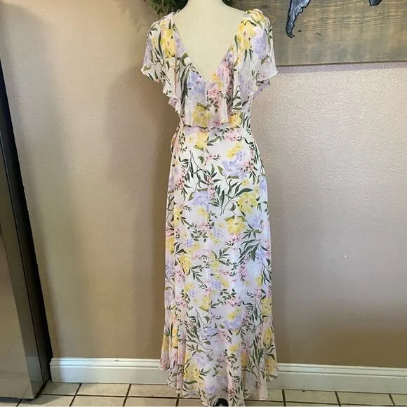 NWOT Lulus Elevated Sweetie Light Pink Floral Ruffled High-Low Wrap Dress