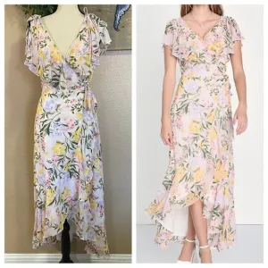 NWOT Lulus Elevated Sweetie Light Pink Floral Ruffled High-Low Wrap Dress