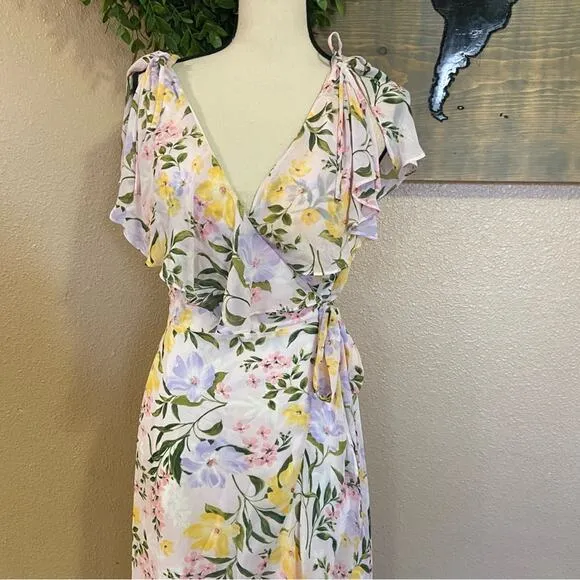 NWOT Lulus Elevated Sweetie Light Pink Floral Ruffled High-Low Wrap Dress