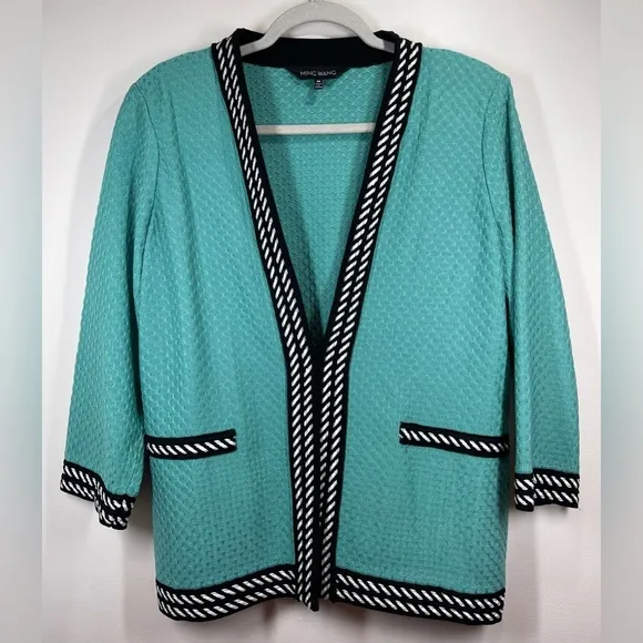 NWOT MING WANG Women’s Turquoise Black and White Knit Cardigan Size Medium