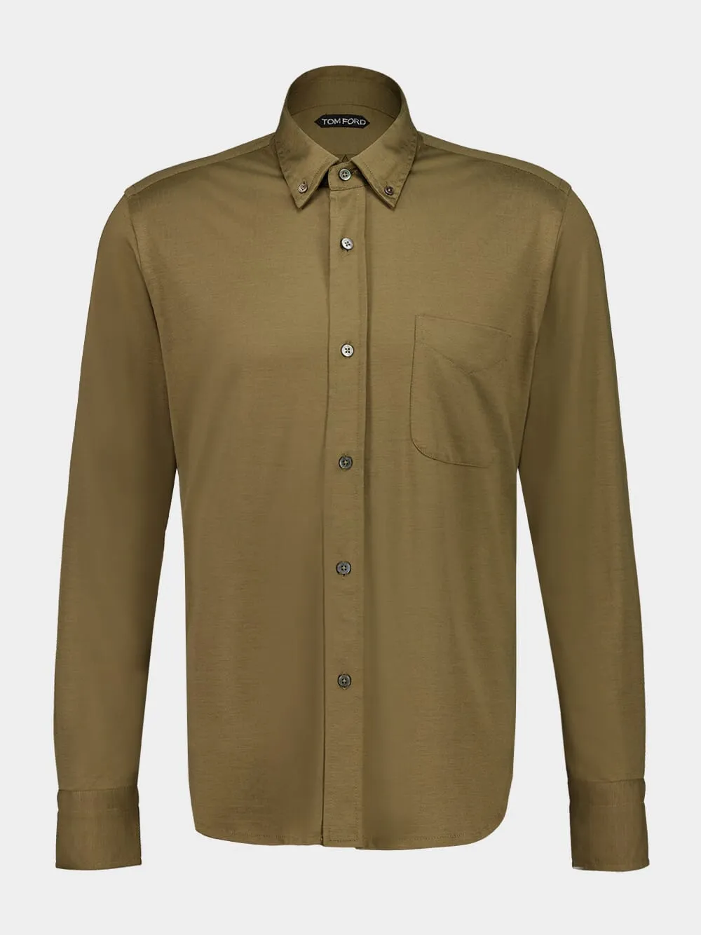 Olive Green Silk-Cotton Button-Down Shirt