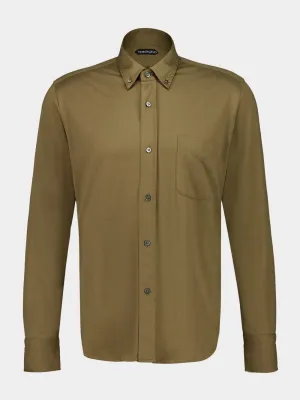 Olive Green Silk-Cotton Button-Down Shirt