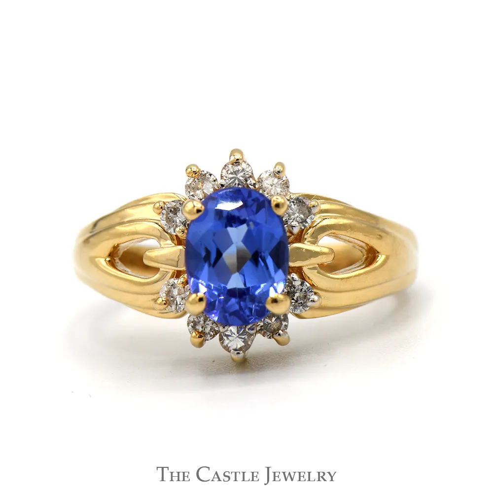 Oval Tanzanite Ring with Diamond Accents in Open 14k Yellow Gold Mounting