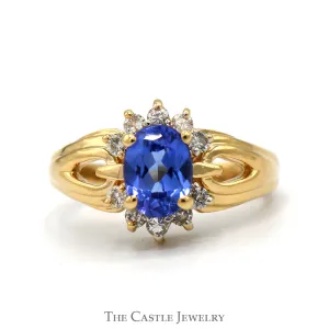Oval Tanzanite Ring with Diamond Accents in Open 14k Yellow Gold Mounting