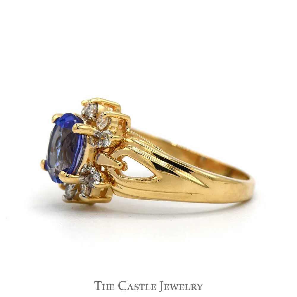 Oval Tanzanite Ring with Diamond Accents in Open 14k Yellow Gold Mounting