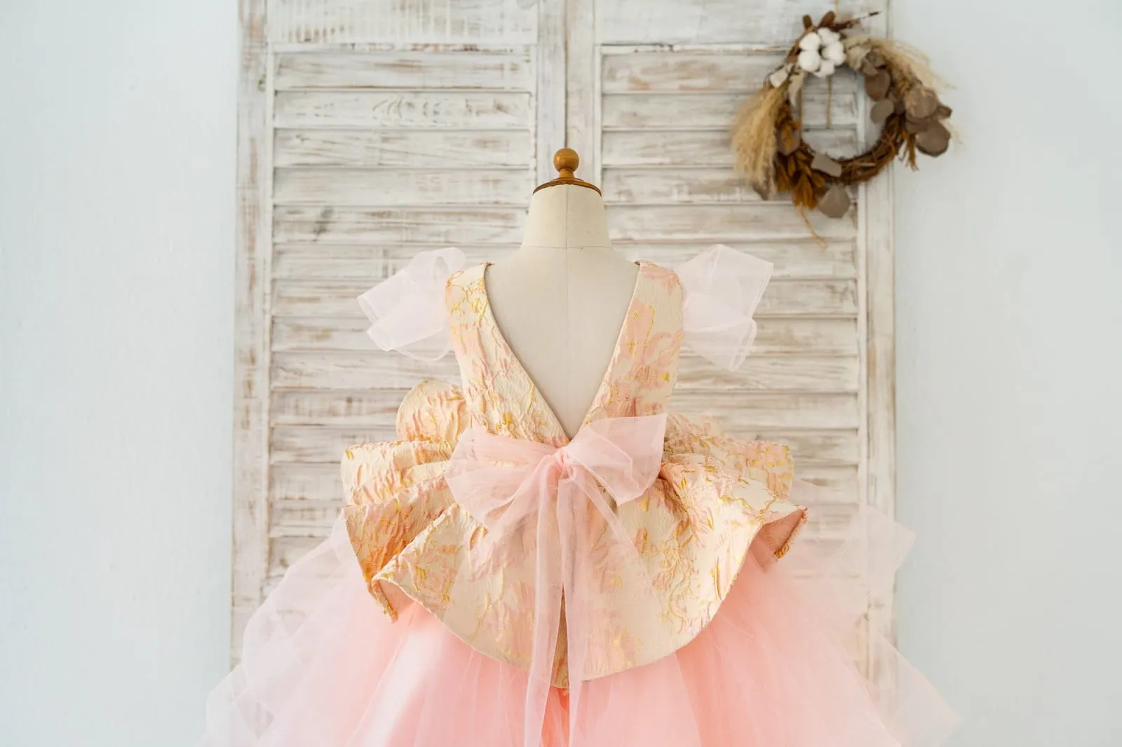 Pink Jacquard Hi-Low Tulle Cap Sleeves Wedding Flower Girl Dress Kids Party