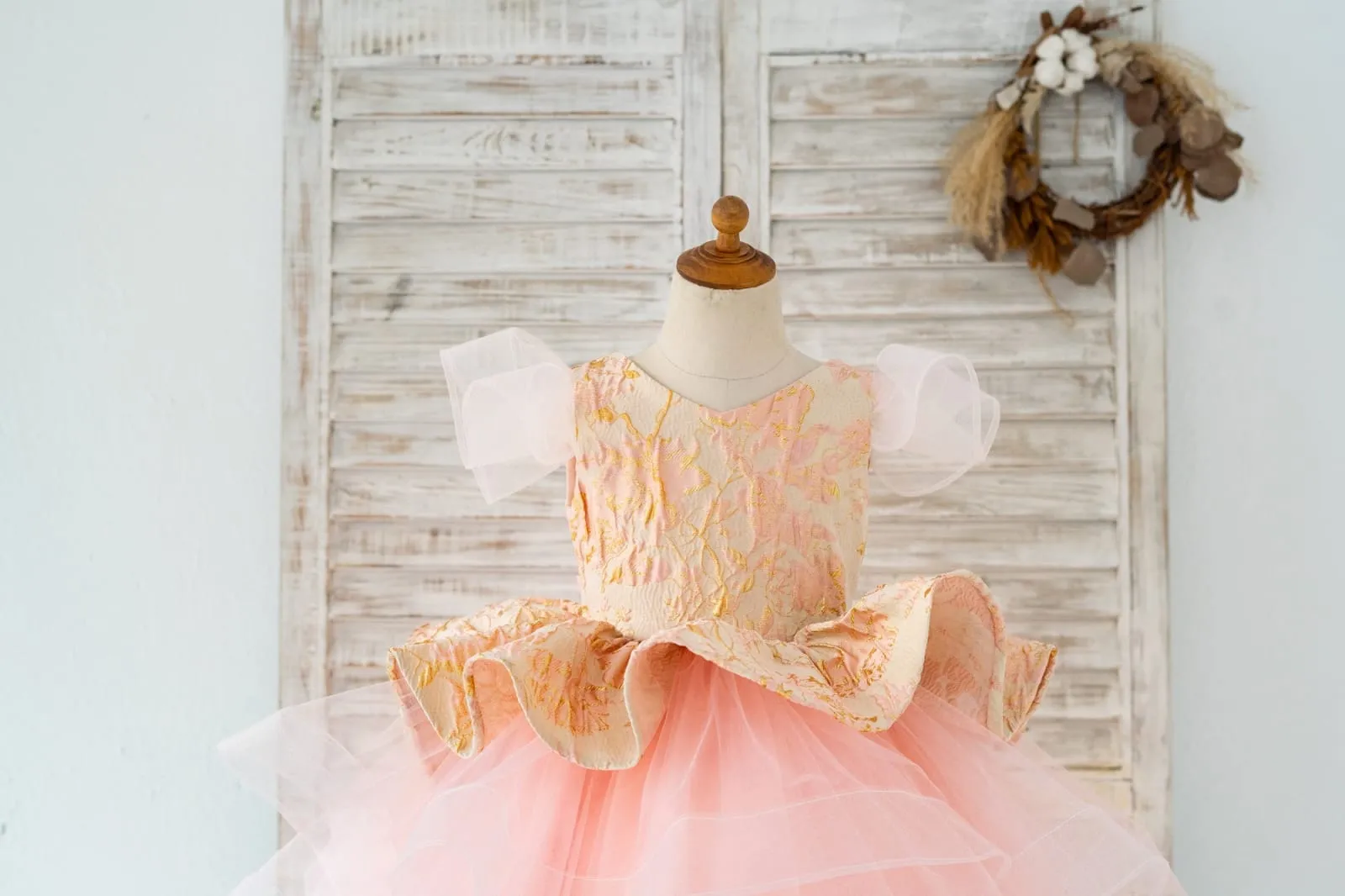 Pink Jacquard Hi-Low Tulle Cap Sleeves Wedding Flower Girl Dress Kids Party