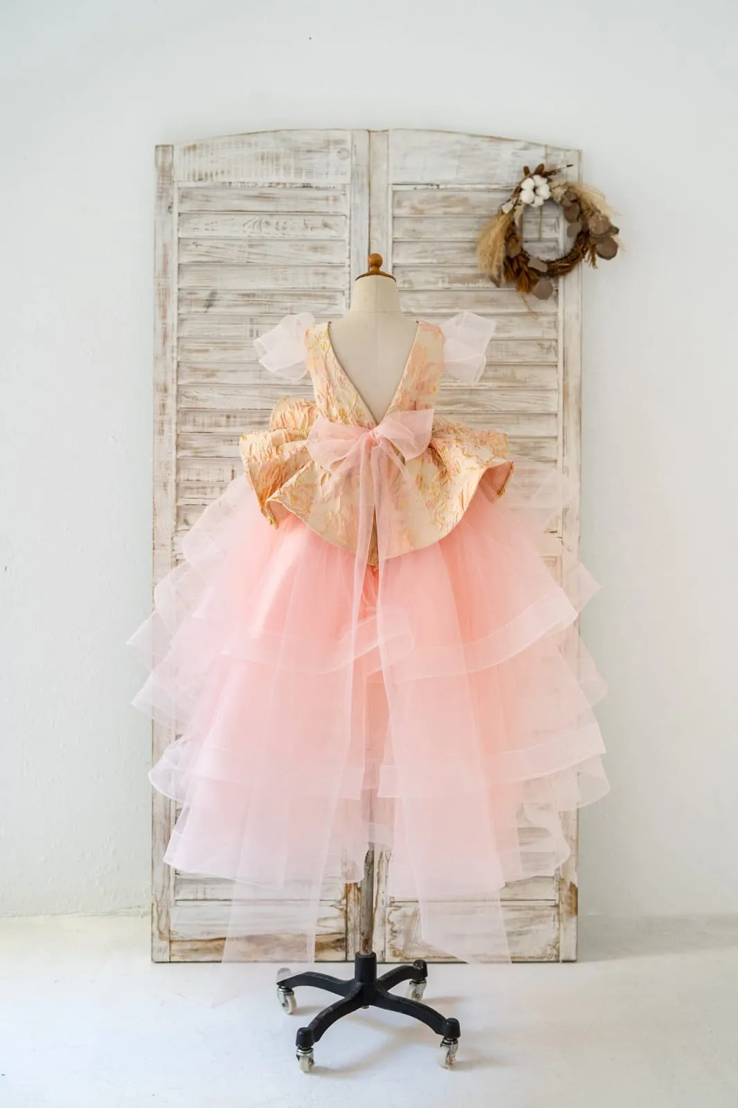 Pink Jacquard Hi-Low Tulle Cap Sleeves Wedding Flower Girl Dress Kids Party