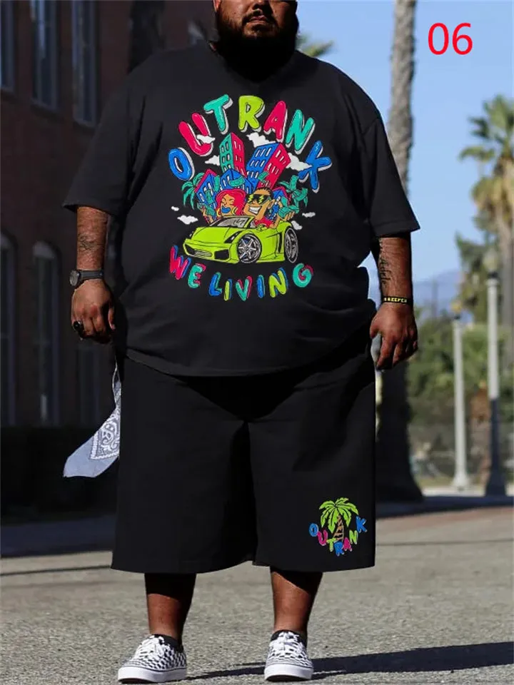 Plus Size Short Sleeve Printing T-shirts Shorts Sets for Men