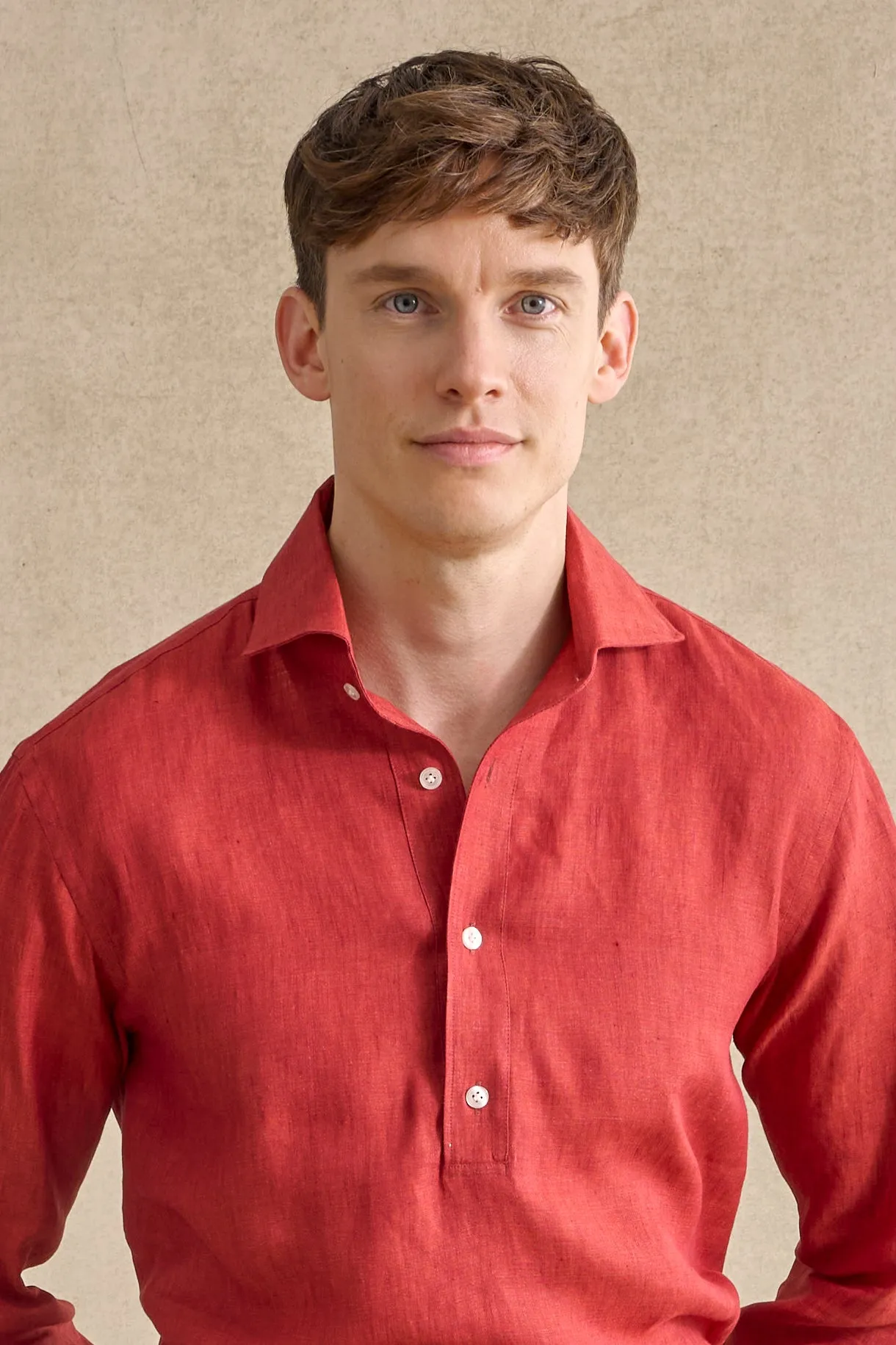Red One Piece Collar Linen Popover Shirt