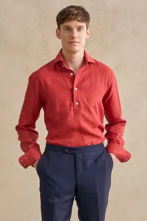 Red One Piece Collar Linen Popover Shirt