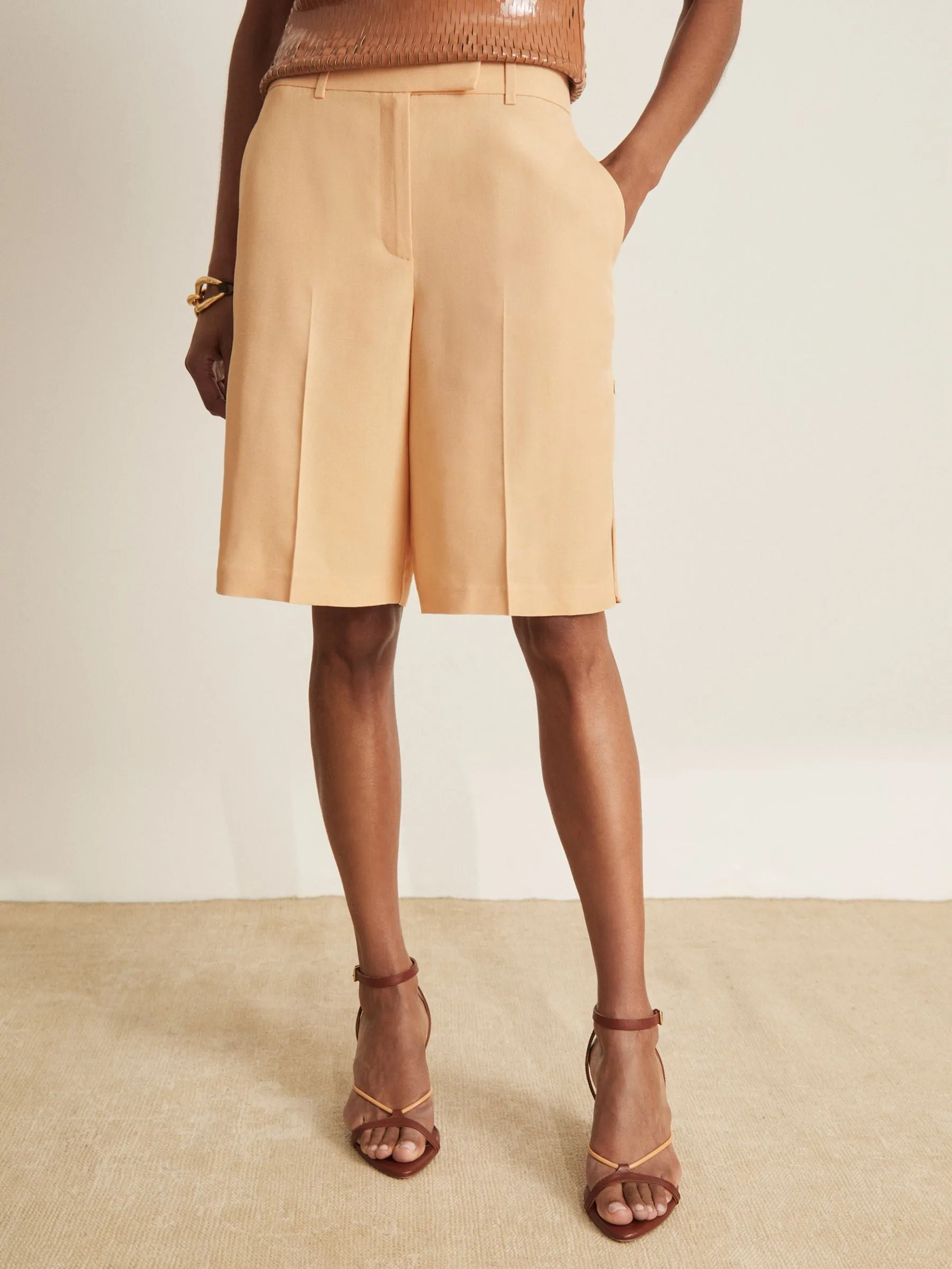 Reiss Atelier Side-Zip Tailored Shorts With Linen in Orange
