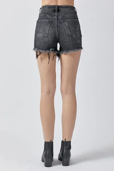 RISEN Frayed Hem Black Denim Shorts with Pockets