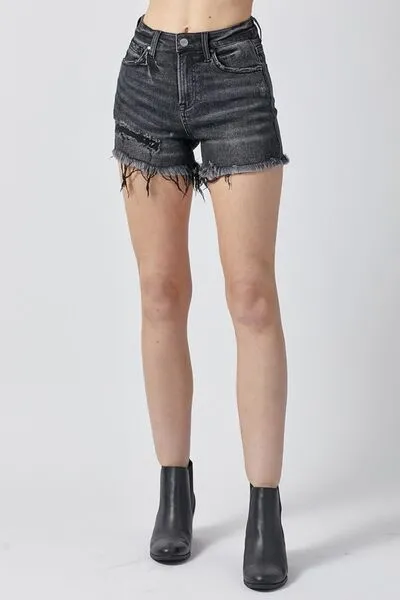 RISEN Frayed Hem Black Denim Shorts with Pockets