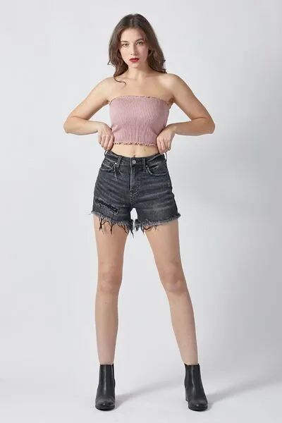 RISEN Frayed Hem Black Denim Shorts with Pockets