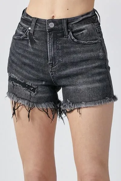 RISEN Frayed Hem Black Denim Shorts with Pockets