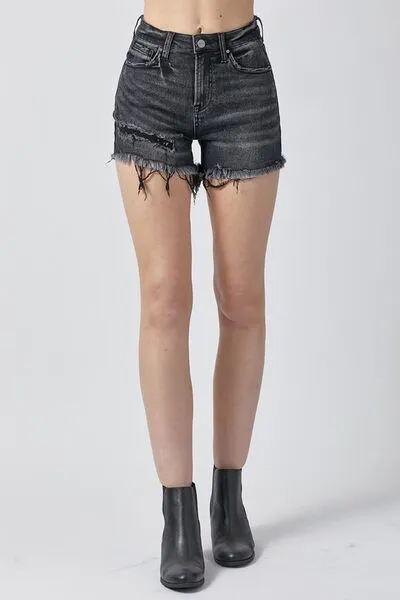 RISEN Frayed Hem Black Denim Shorts with Pockets