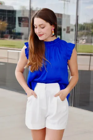 Royal Blue High Neck Ruffle Top