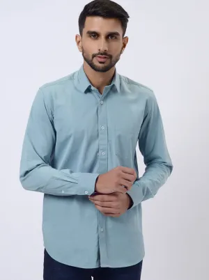 Saje Green Solid Slim Fit Semi Casual Shirt | JadeBlue