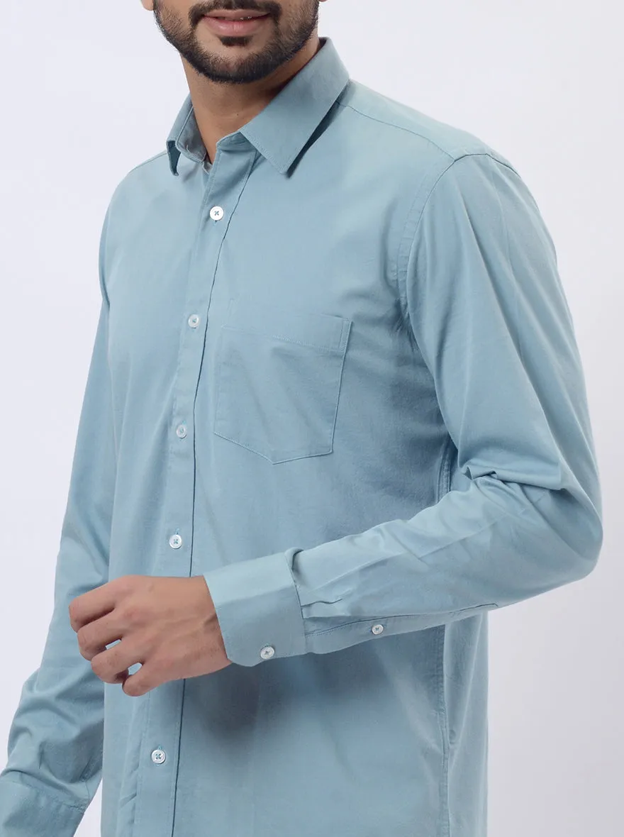 Saje Green Solid Slim Fit Semi Casual Shirt | JadeBlue