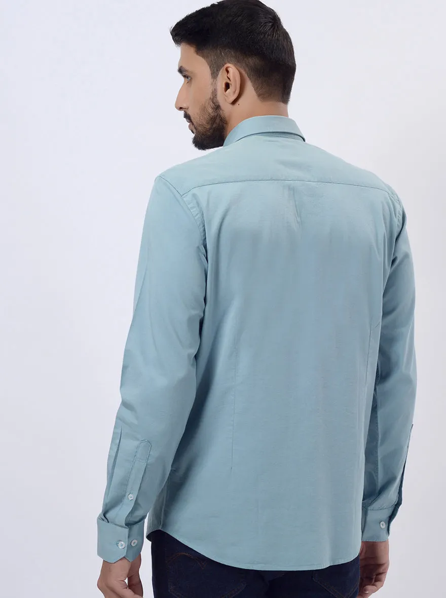 Saje Green Solid Slim Fit Semi Casual Shirt | JadeBlue