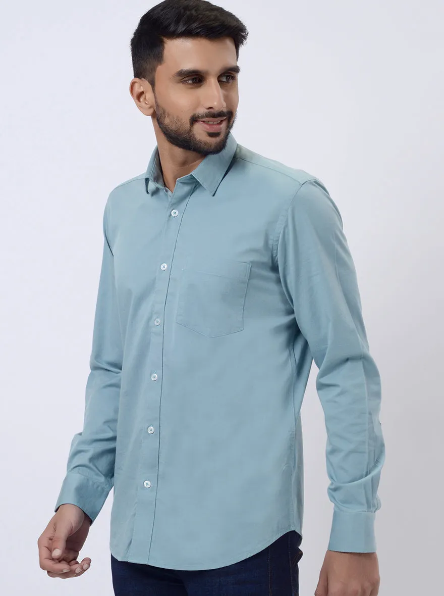 Saje Green Solid Slim Fit Semi Casual Shirt | JadeBlue