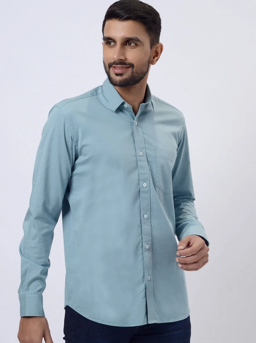 Saje Green Solid Slim Fit Semi Casual Shirt | JadeBlue