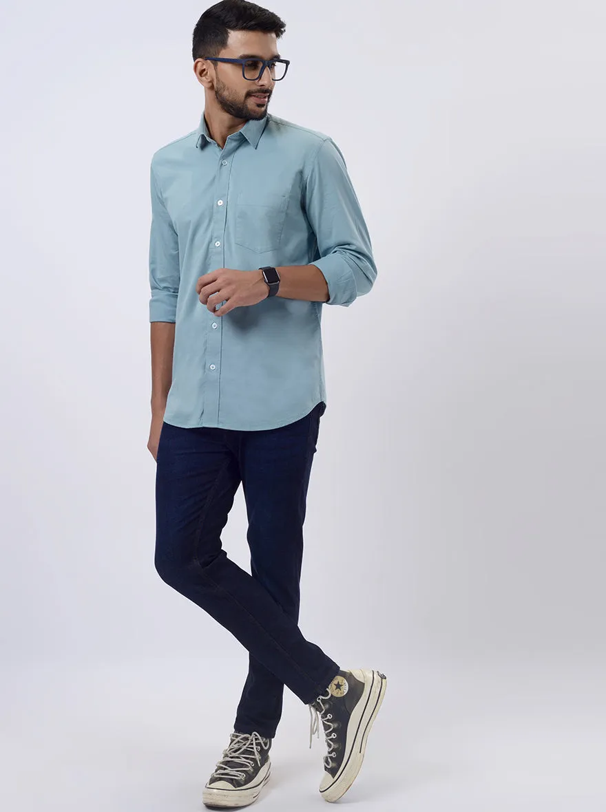 Saje Green Solid Slim Fit Semi Casual Shirt | JadeBlue