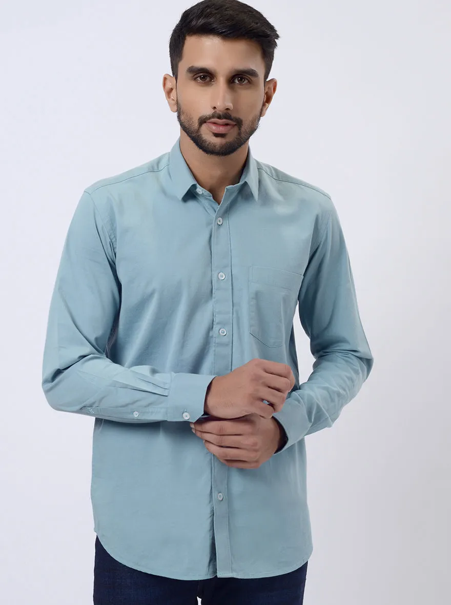 Saje Green Solid Slim Fit Semi Casual Shirt | JadeBlue