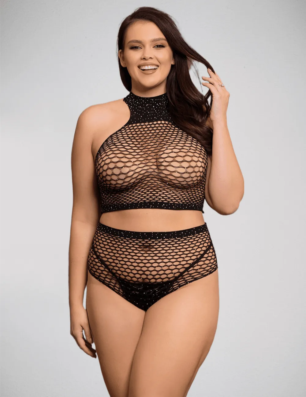 Scandals 2-Piece Fishnet Rhinestone Top & Shorts Set