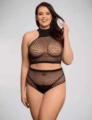 Scandals 2-Piece Fishnet Rhinestone Top & Shorts Set
