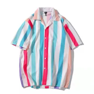 Short Sleeves Stripes Casual Men's Hawaiian Shirt- Brown