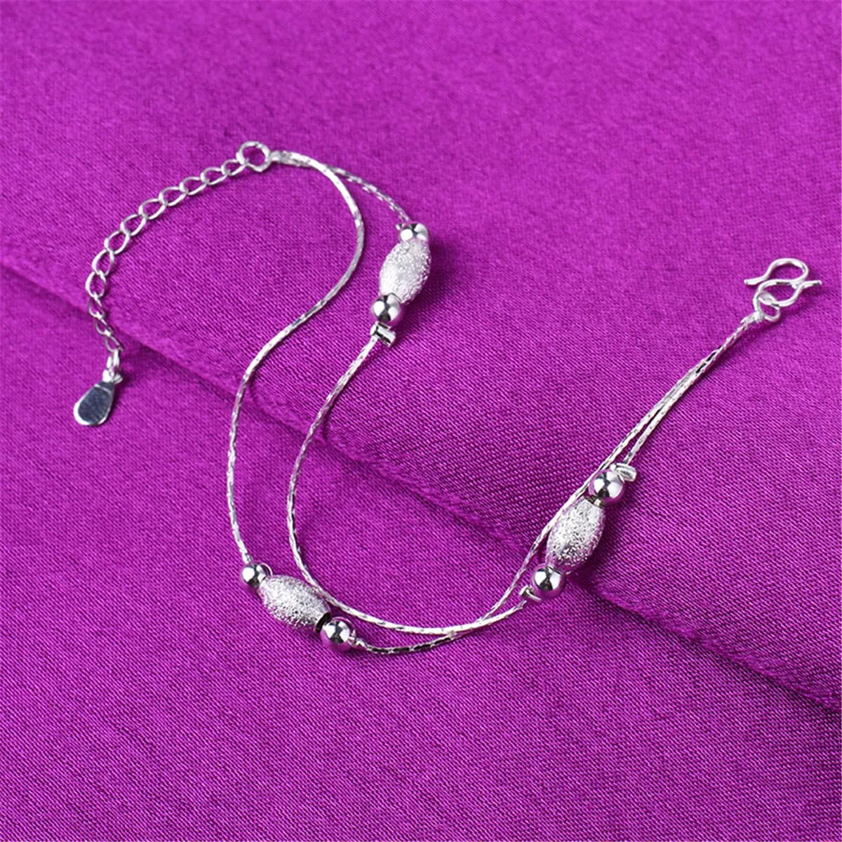 Silver-Plated Frosted Olive Double-Strand Anklet