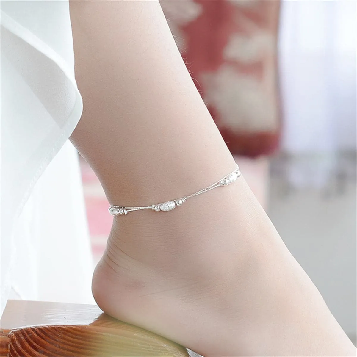 Silver-Plated Frosted Olive Double-Strand Anklet