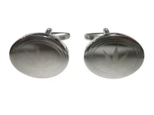 Silver Toned Etched Oval Marijuana Weed Leaf Cufflinks
