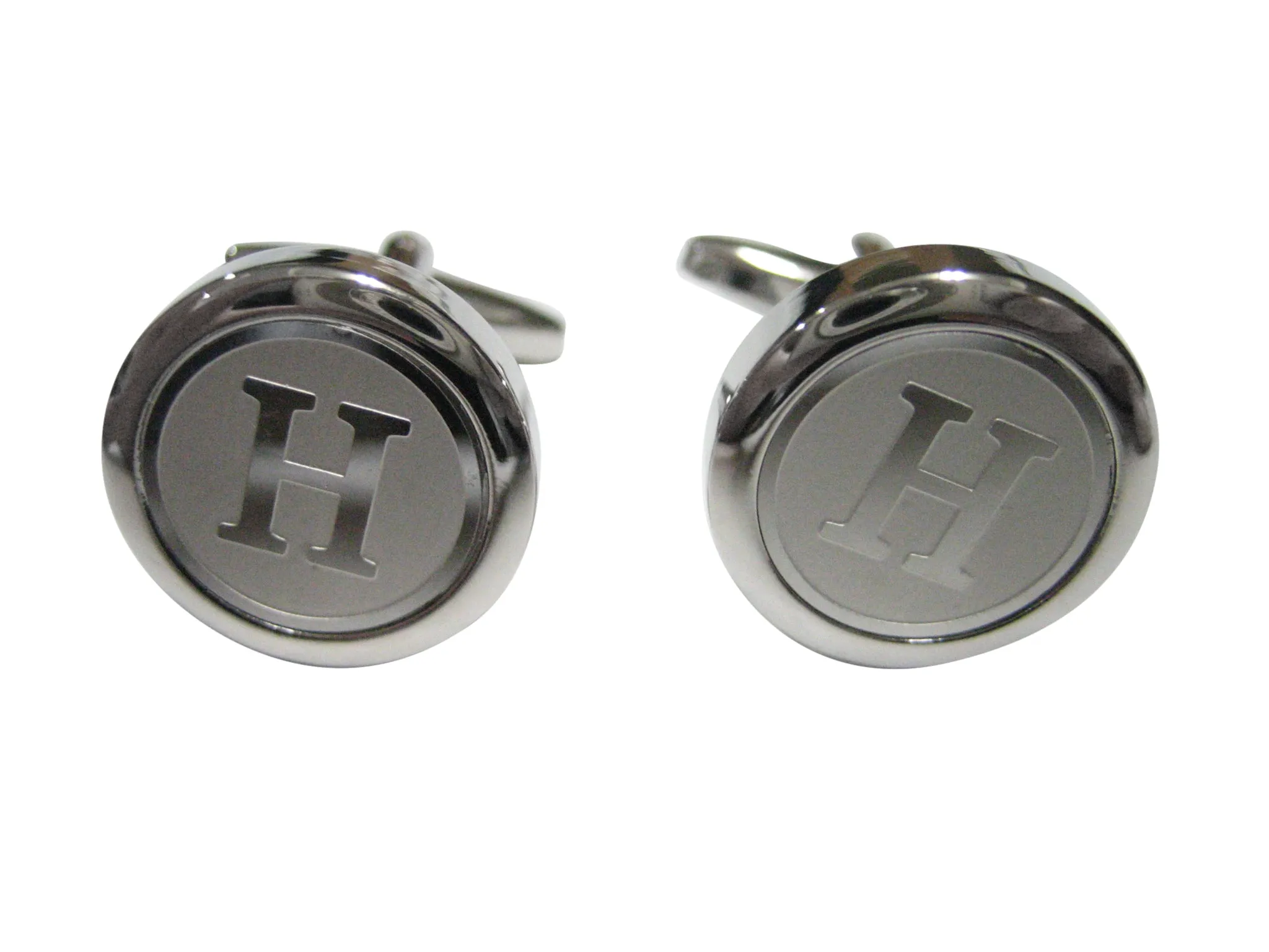 Silver Toned Round Letter H Monogram Cufflinks