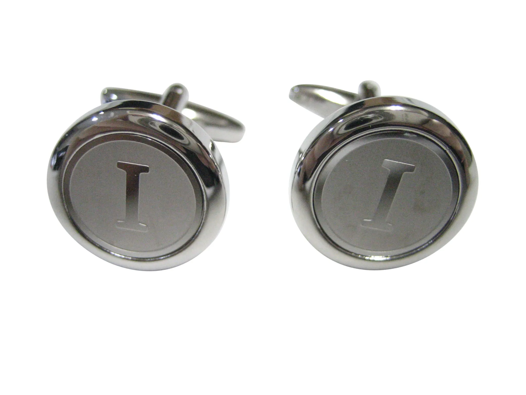 Silver Toned Round Letter I Monogram Cufflinks
