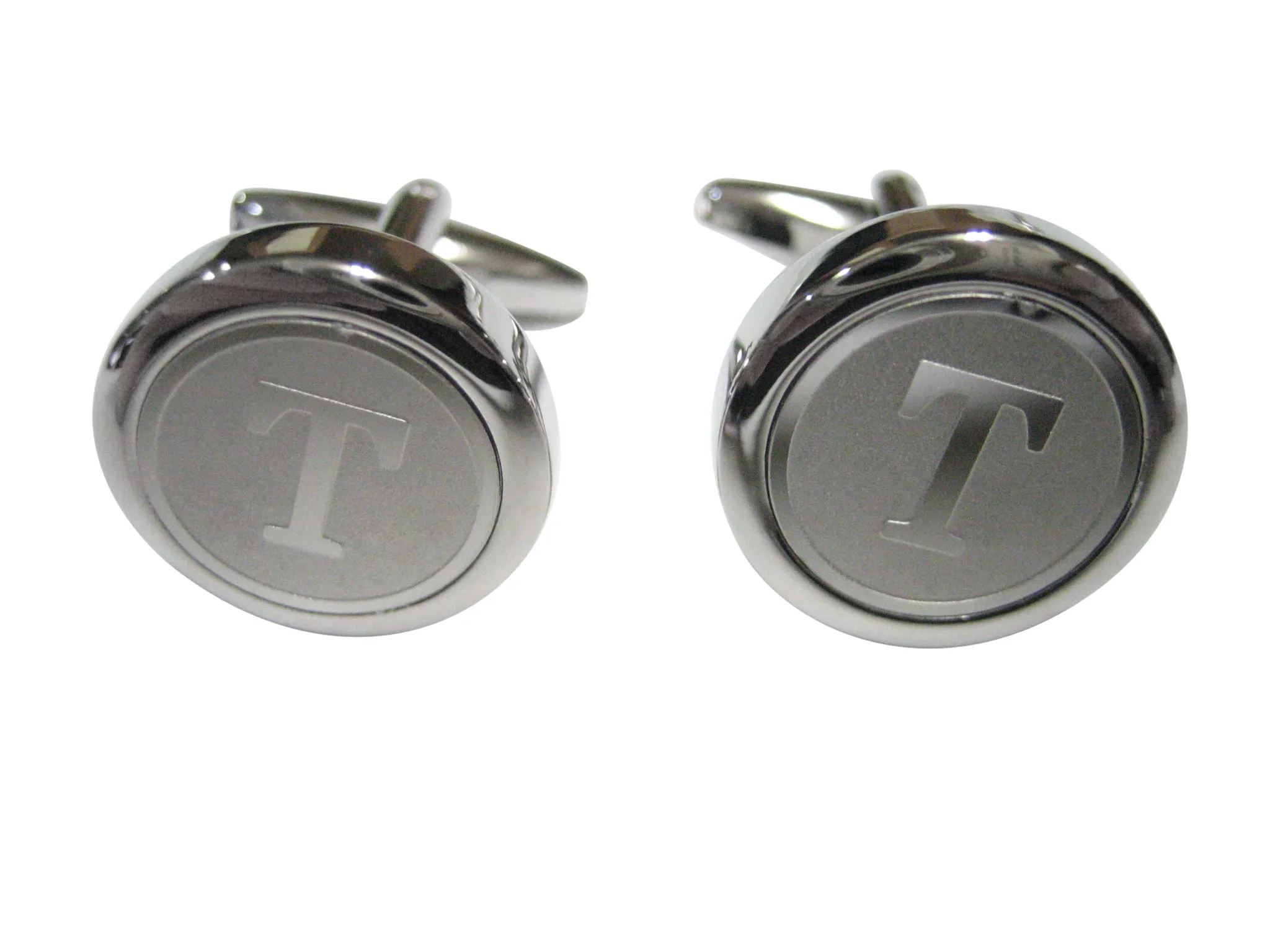 Silver Toned Round Letter T Monogram Cufflinks