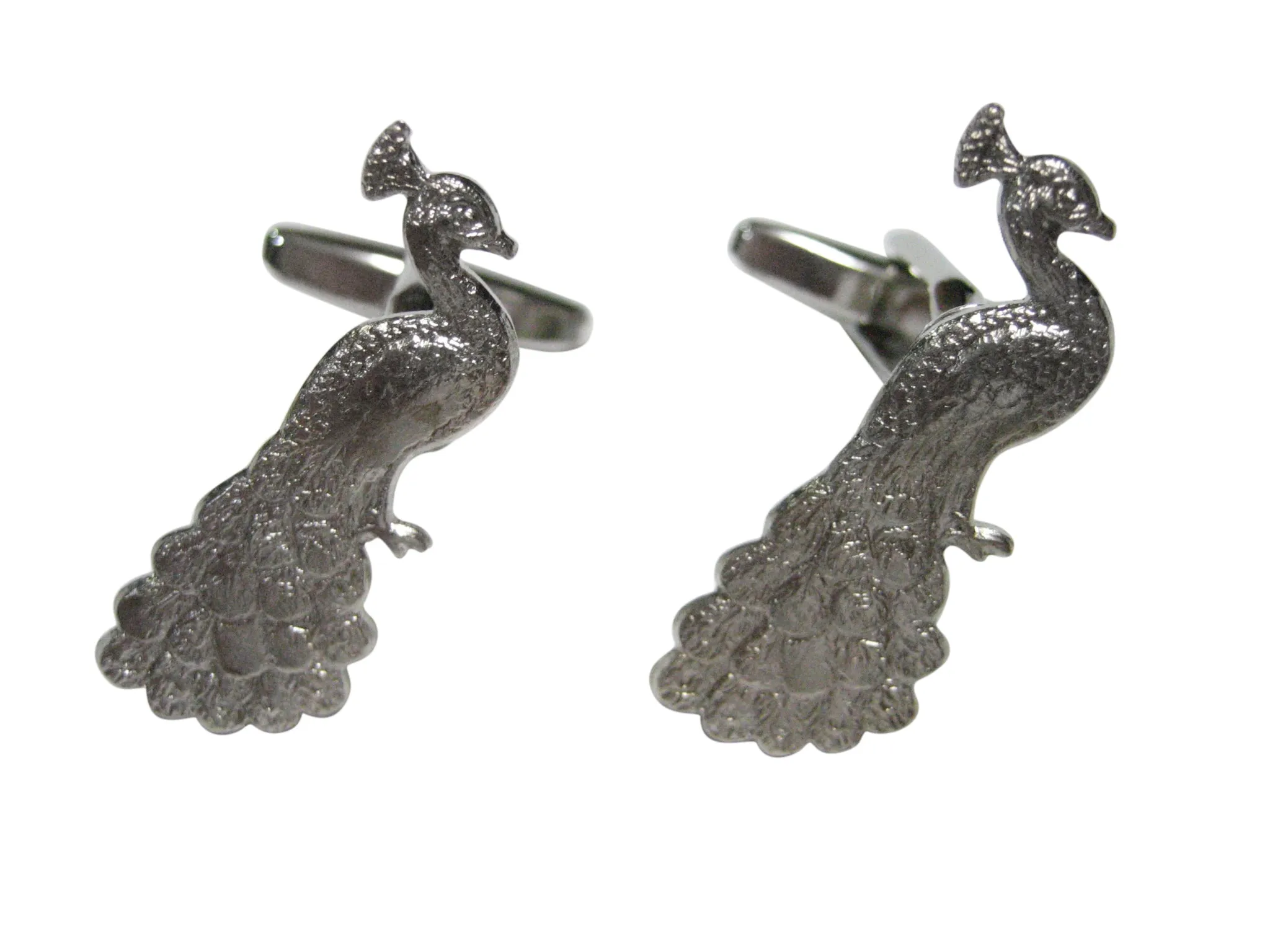 Silver Toned Sitting Peacock Bird Cufflinks