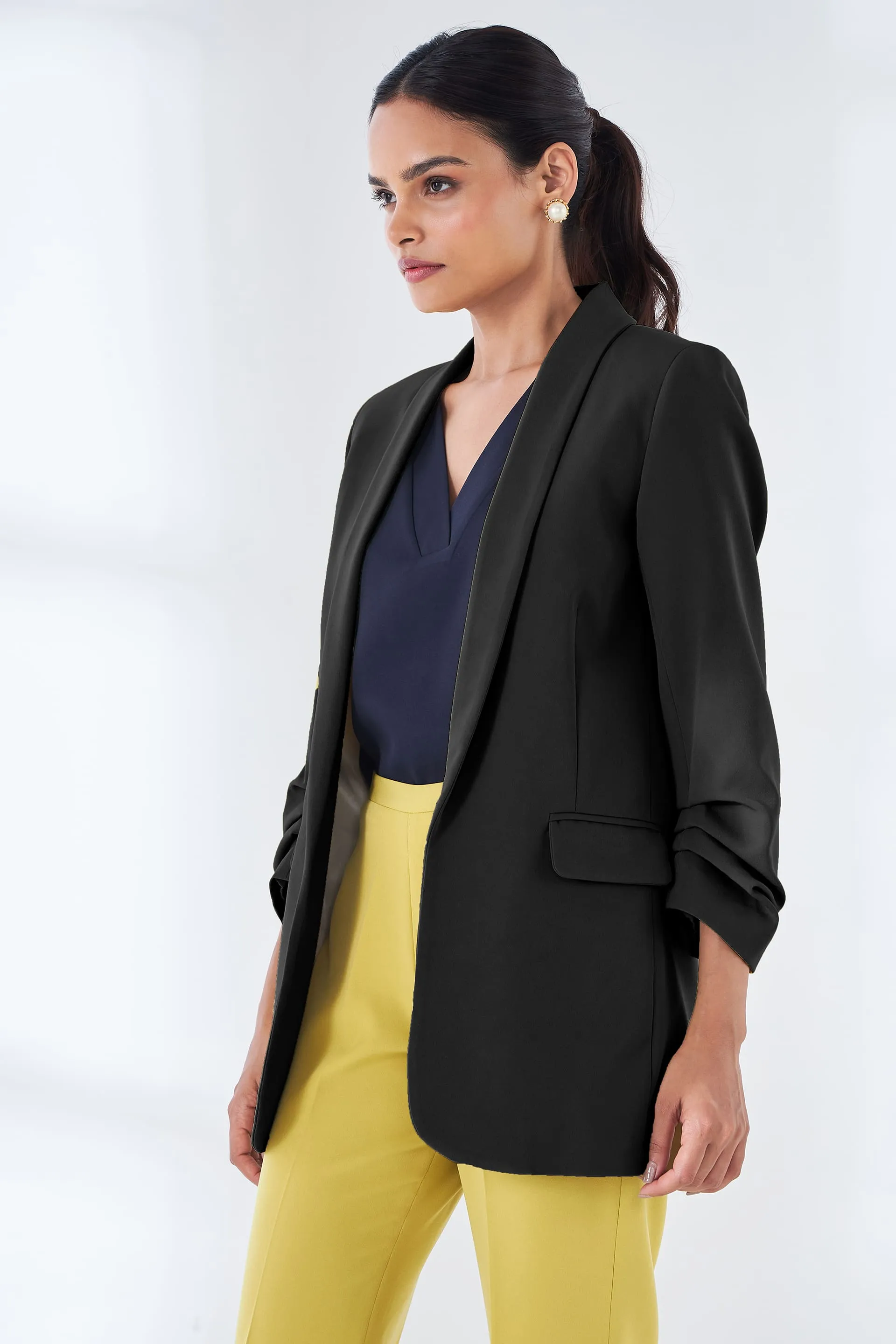 Spunky Ruched Sleeve Blazer - Black