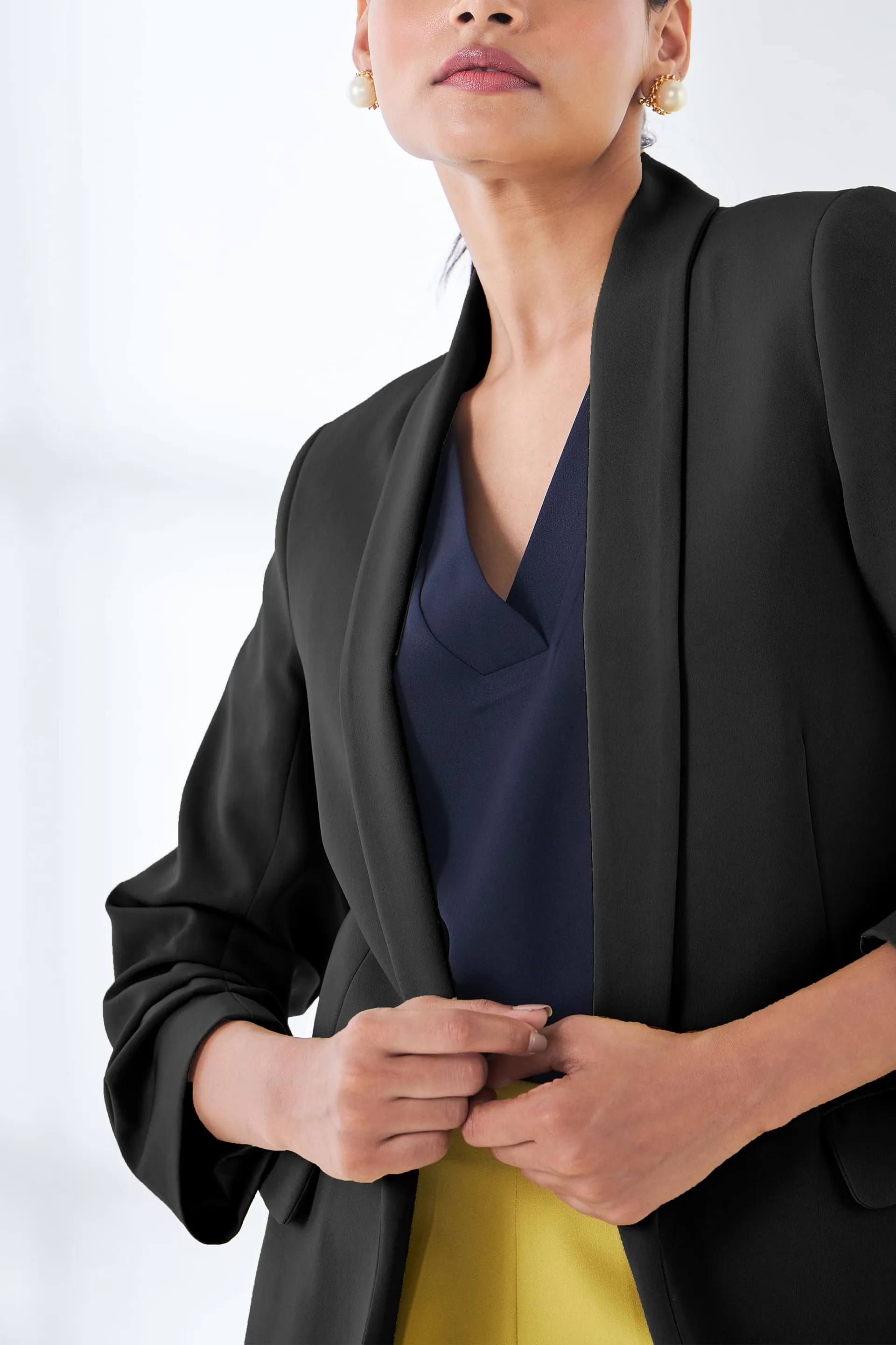 Spunky Ruched Sleeve Blazer - Black