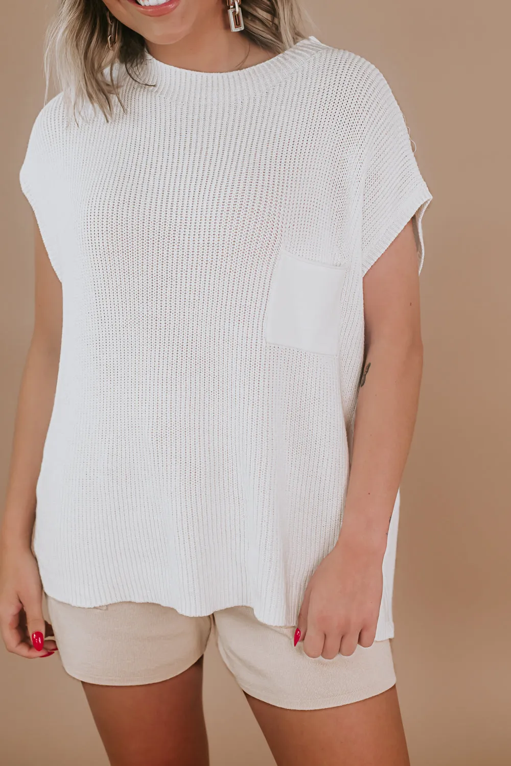 Two Piece Sweater Top & Short Set, Cream