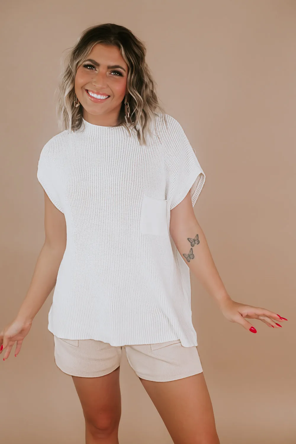 Two Piece Sweater Top & Short Set, Cream