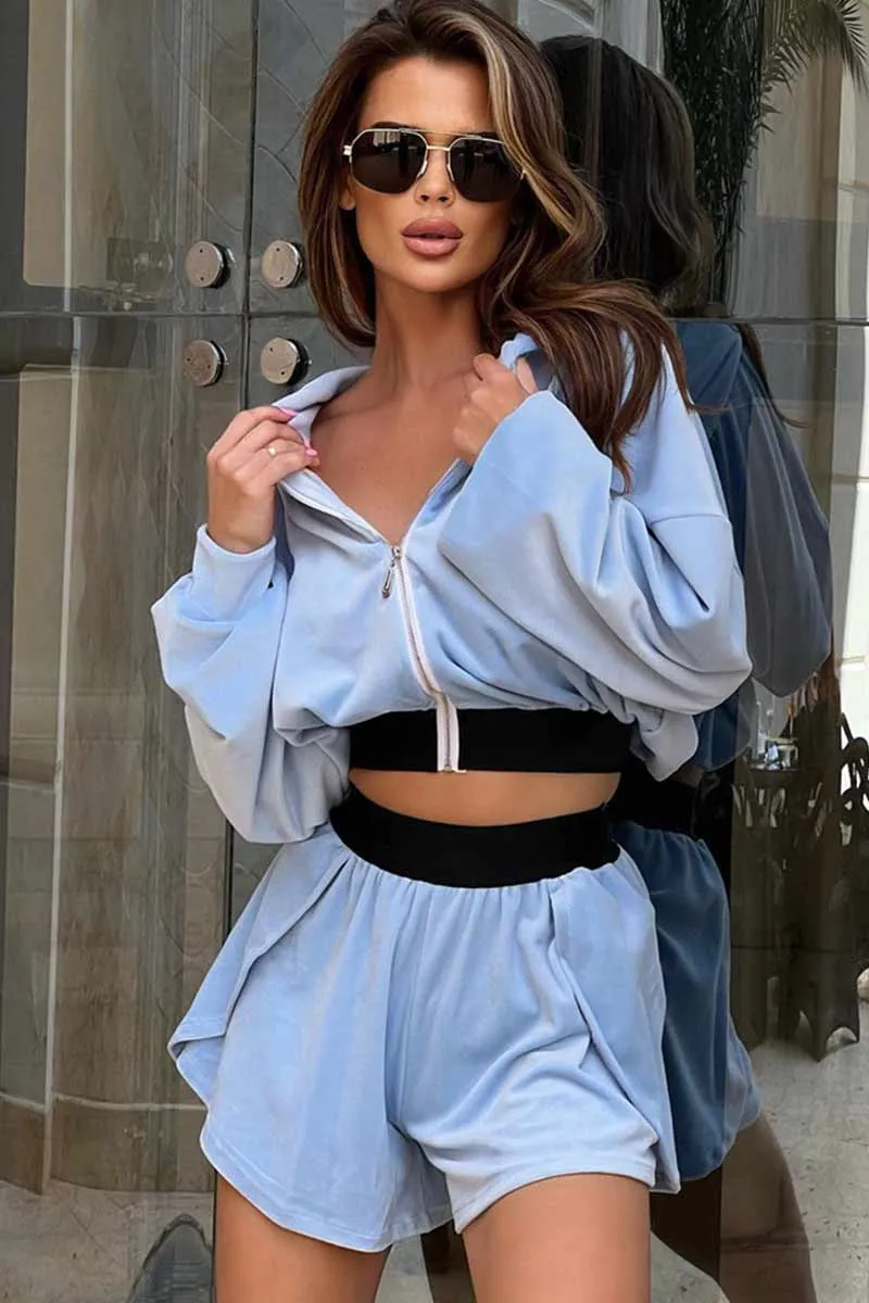 UI624 Velvet Crop Hood Jacket Top and Shorts Set