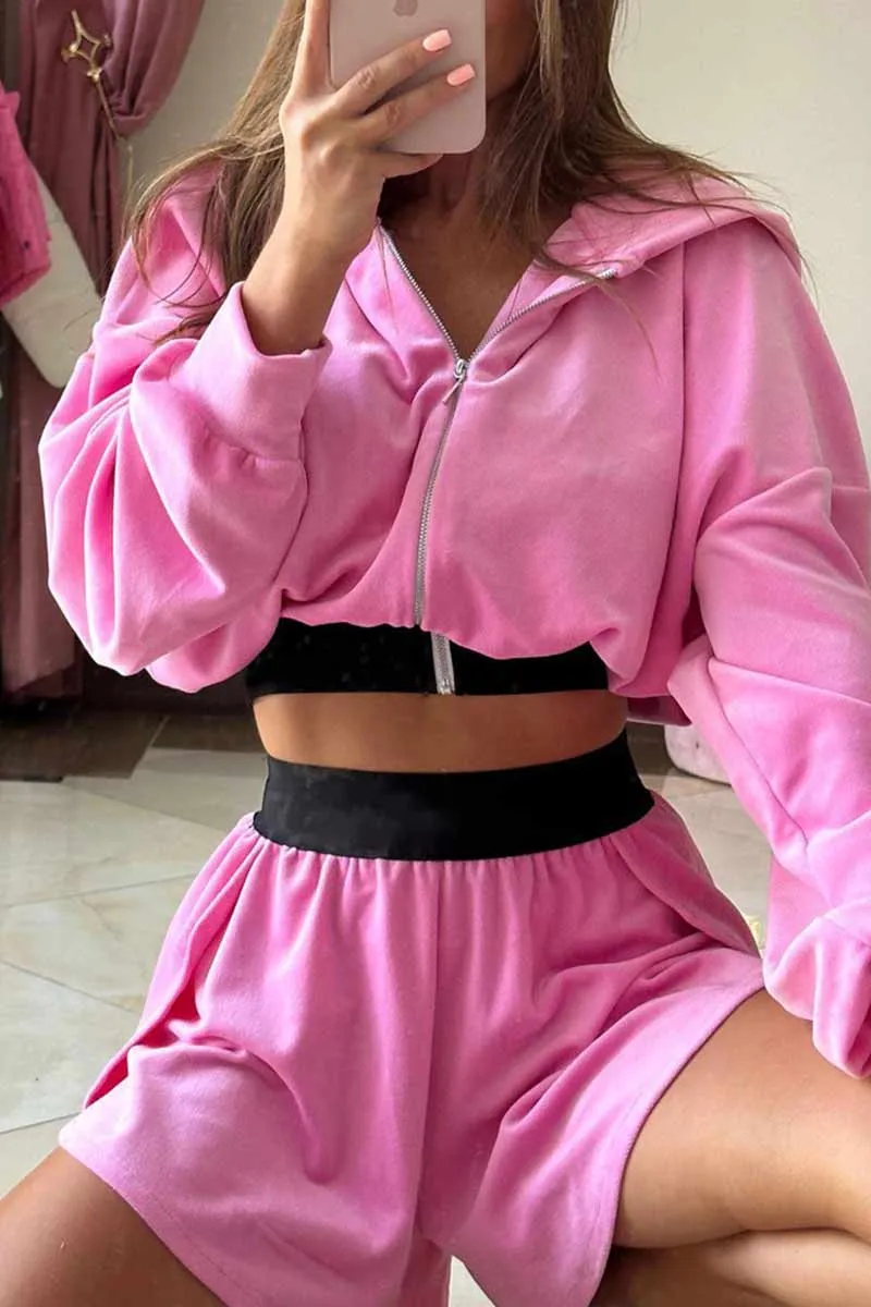 UI624 Velvet Crop Hood Jacket Top and Shorts Set