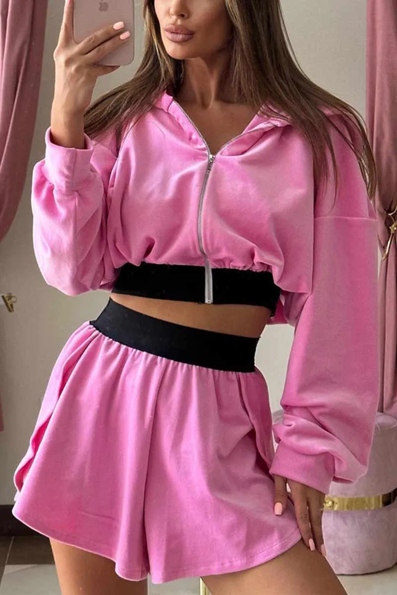 UI624 Velvet Crop Hood Jacket Top and Shorts Set