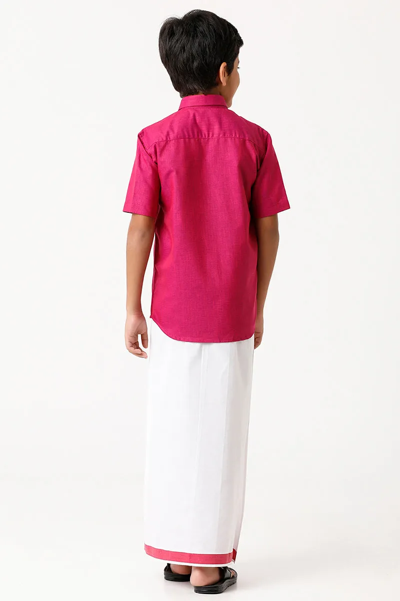 Varna - Soft Red Matching Fixit Dhoti and Shirt 2 in 1 Set For Kids | Uathayam