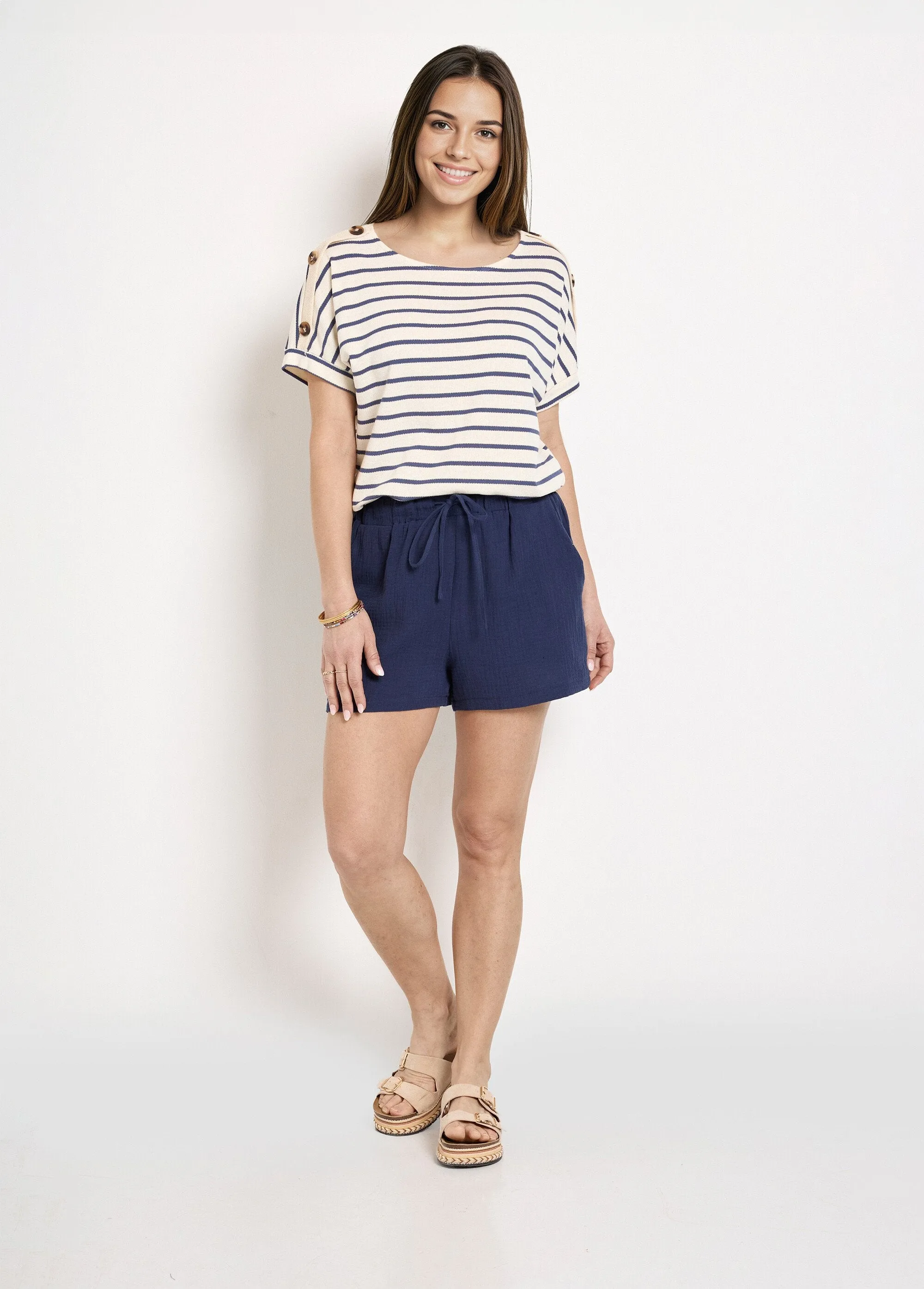 Wide elasticated cotton gauze shorts