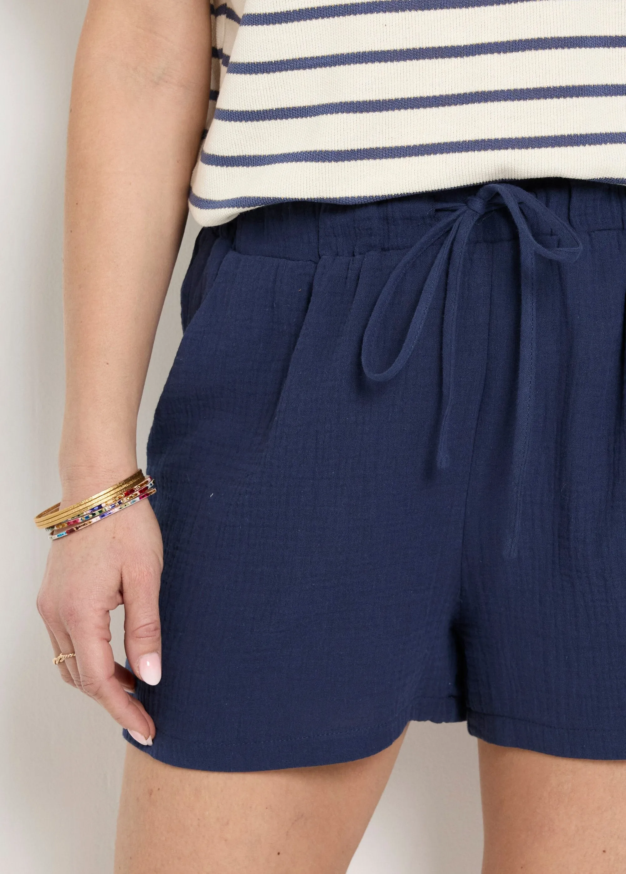 Wide elasticated cotton gauze shorts
