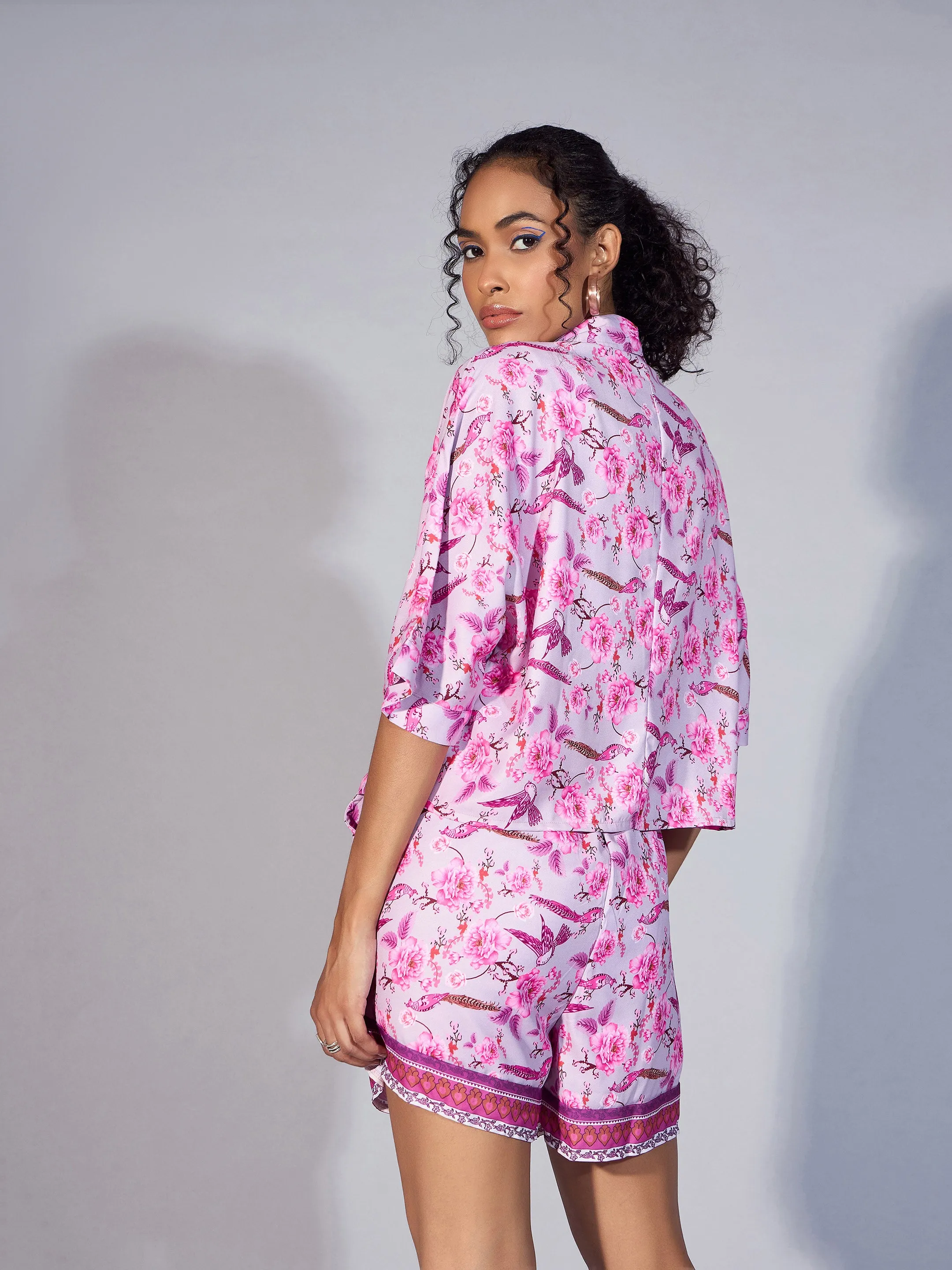Women Pink Floral Boxy Shirt With Paperback Shorts